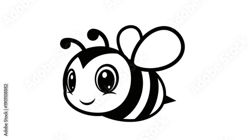 Cute Bee Cartoon Character Flying, Black and White Vector Illustration