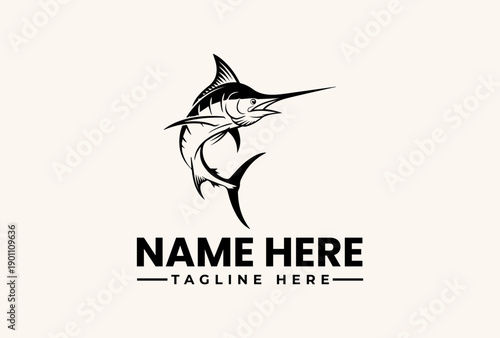 A vector illustration of a marlin fish logo with a bold, modern design on a clean white background, featuring placeholder text for a company name and tagline.