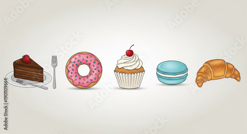 Assortment of delicious sweet pastries and desserts arranged in a row.