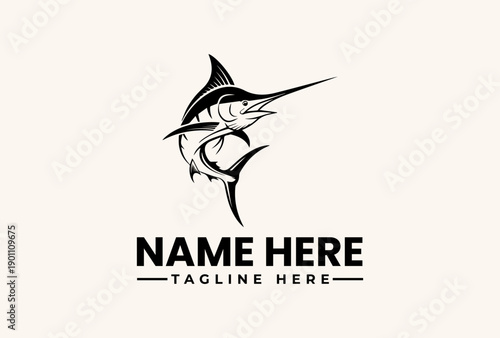 A black and white illustration of a marlin fish logo with a customizable name and tagline on a clean background.
