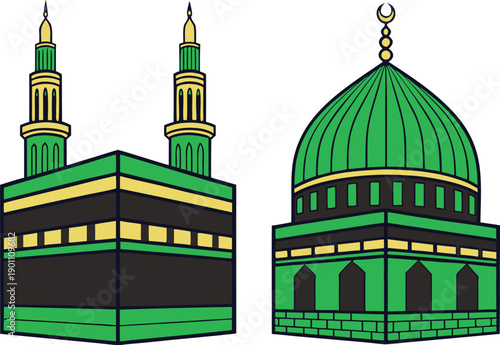 Makkah and Madinah Illustration for Islamic Landmarks. Holy Cities Makkah and Madinah Illustration Design. Masjid al-Haram and Masjid Nabawi Illustration. Makkah Kaaba Illustration with Madinah Mosque