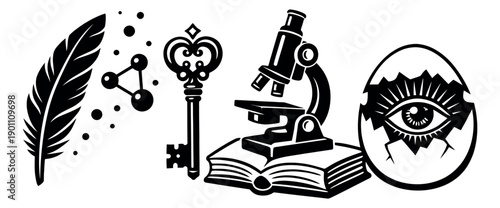 Stylized graphic concept icons set featuring a feather, key, microscope on a book, and a symbolic eye in an egg for themes of knowledge and discovery