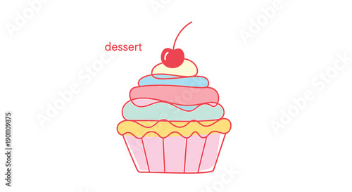 Vector cupcake icon with cherry on top, dessert illustration for bakery or food blog, isolated on transparent background, png