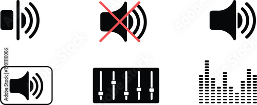 Set of audio volume and mute icons with speaker symbols, equalizer controls, sound level interface elements isolated on white background