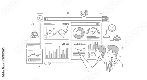Vector illustration of business data analysis on a dashboard, graphs and charts on screen, two men discussing, for presentation or website, Isolated on transparent background, png
