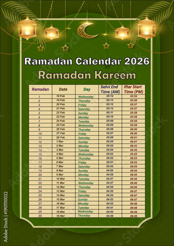 Ramadan desktop editable wall calendar design 2026 with sehri iftar timetable schedule. Ramadan arabic islamic calendar with sehar Iftar fasting dua. Ideal for prayer and fasting times during the Holy