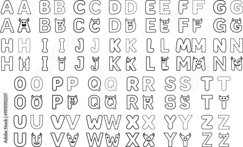 Black and white A–Z uppercase letter set with four outline styles, perfect for kids coloring and tracing.