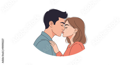 Sweet flat illustration of an affectionate couple sharing a gentle kiss within a simple circular frame, conveying heartfelt love and connection.