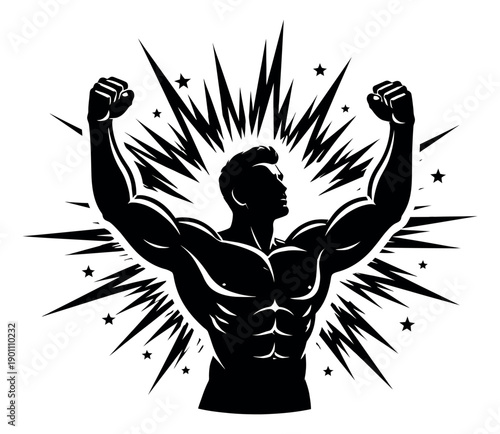 Silhouette illustration of a muscular man depicting triumph with raised fists for sports and achievement