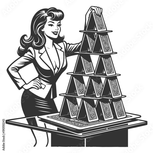 confident woman in a suit carefully constructing a house of cards, symbolizing fragility and precision sketch engraving generative ai vector illustration. Scratch board imitation. Black and white.