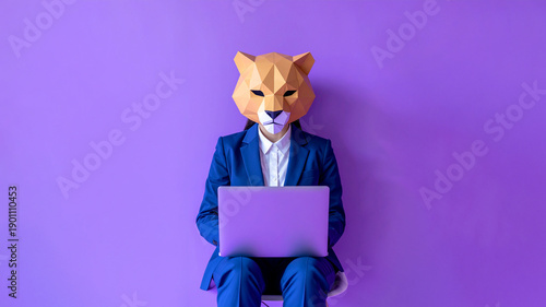 Blue suit woman sitting with low polygon mask of animal, typing on a purple laptop, front of camera.