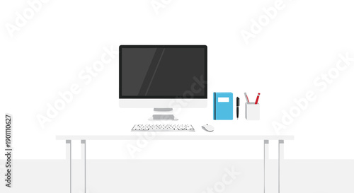 Minimalist flat illustration of a clean desk workspace featuring an all-in-one computer, keyboard, mouse, notebook, and stationery, ready for work.