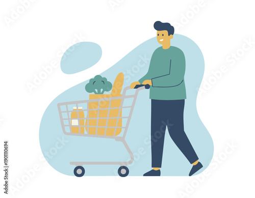 Flat vector illustration of a person shopping groceries