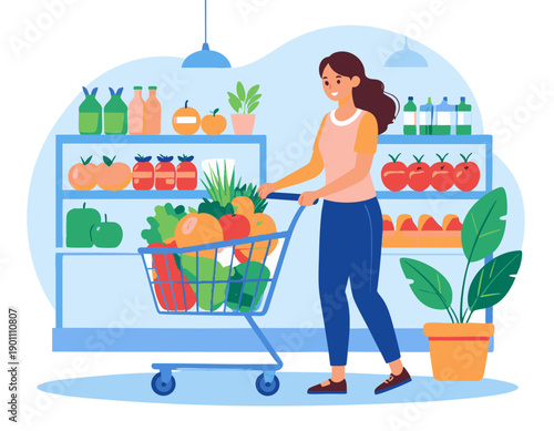 Flat vector illustration of a person shopping groceries