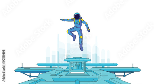 Dynamic astronaut in a vibrant blue and yellow suit jumping off a futuristic cybernetic platform, conveying energetic motion and technological progress.