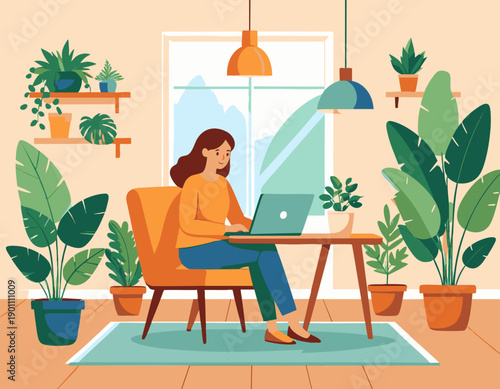 Flat vector illustration of a person working on a laptop at home