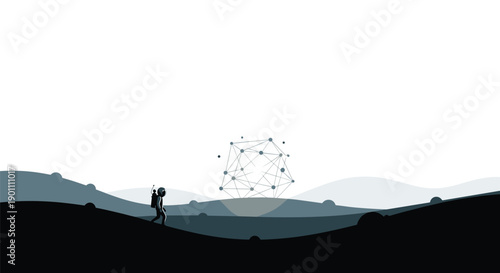 Lone astronaut exploring a desolate, monochromatic alien landscape, walking towards a mysterious floating geometric structure under an empty sky.