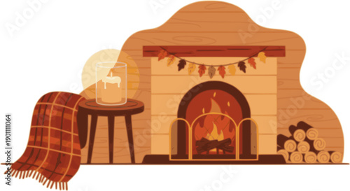 Autumn cozy fireplace collection burning fire warm home interior watercolor seasonal illustration hygge comfort fall decoration vintage design