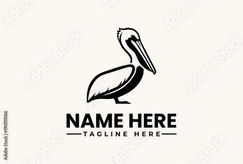 A simple black and white illustration of a pelican with placeholder text for a logo or brand name on a plain background.