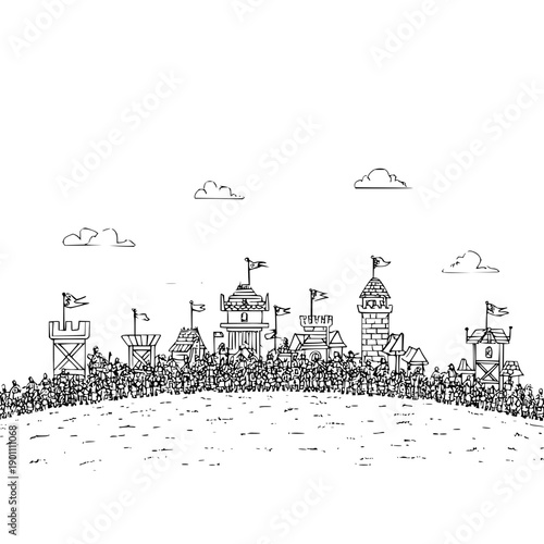Medieval Castle with Crowd of People and Flags on Hill