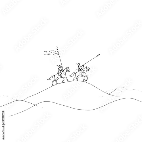 Medieval Knights on Horseback Riding Hill with Flag and Lance