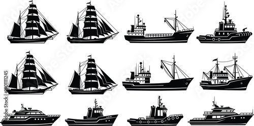 Black silhouette ship and boat collection featuring sailing vessels, fishing trawlers, tugboats, and luxury yachts vector set