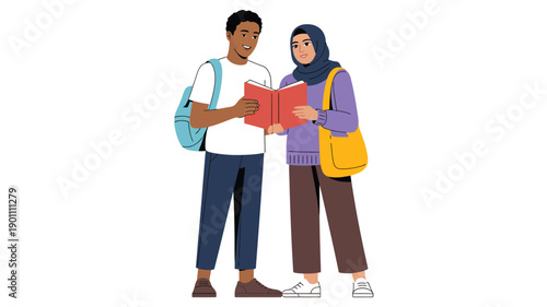 Students studying together and reading book with backpacks, education and learning concept, diverse classmates teamwork, modern flat vector illustration for school and university themes 