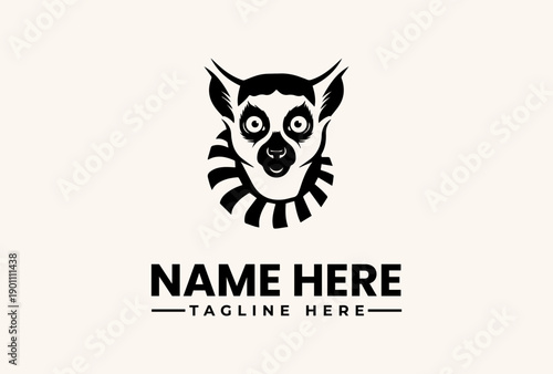 Black and white illustration of a lemur's head with a logo and text placeholder on a beige background, featuring a vector design with an icon and pictogram elements.