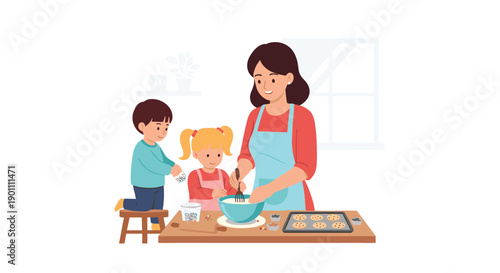Happy mother and two eager children baking cookies together in a bright kitchen, mixing ingredients and preparing treats on a wooden counter.