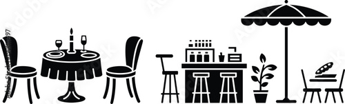 Set of restaurant and cafe furniture silhouettes including dining table, bar counter, outdoor seating, hospitality interior elements isolated