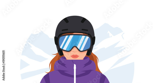 Confident woman wearing a sleek black helmet and blue ski goggles with a stylish purple jacket, set against a backdrop of snowy mountains.