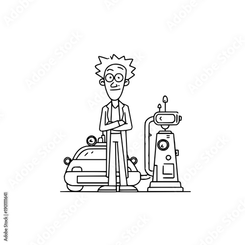 Inventor Standing Next to Robot and Car in Workshop