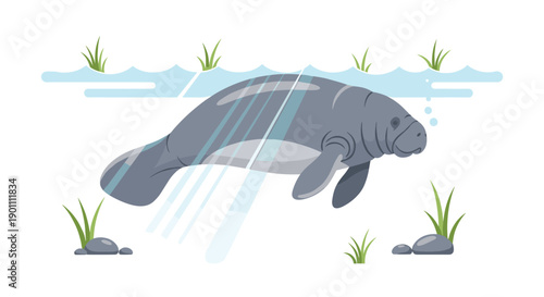 Graceful manatee swimming serenely underwater with dappled light rays penetrating the surface, surrounded by verdant seagrass and smooth rocks.