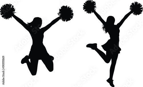 Silhouette of energetic cheerleaders jumping with pom poms, dynamic dance pose, sports spirit, teamwork, celebration, isolated on white background