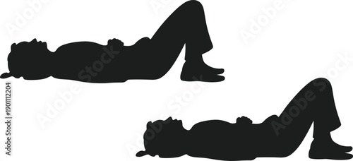 Silhouette of person lying on back with bent knees, relaxed resting body pose, human posture concept, isolated on white background