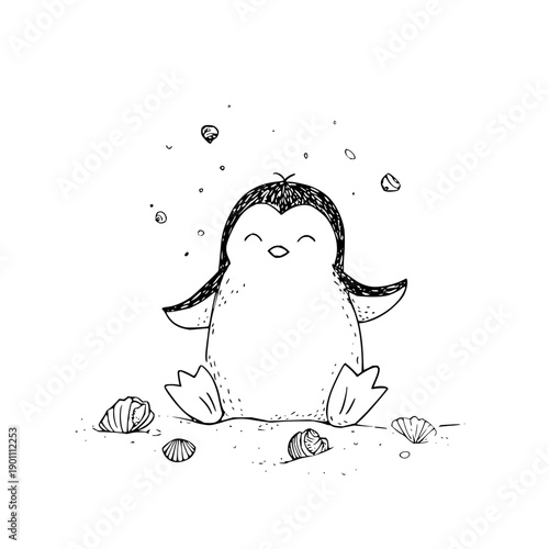 Smiling Penguin Sitting on Beach with Seashells