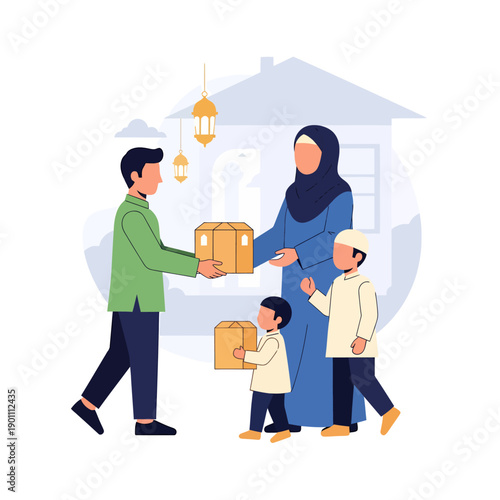 Illustration of a Muslim family receiving a delivery package during an Islamic celebration, conveying community and generosity