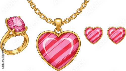 Heart shaped gemstone jewelry set featuring gold necklace ring and earrings for romantic luxury fashion illustration