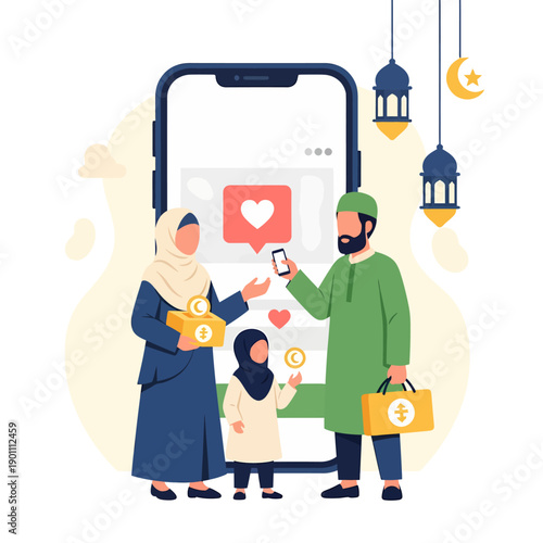 Happy Muslim family engaging in digital charity and online giving using a smartphone, fostering community support and generosity during a festive Islamic period