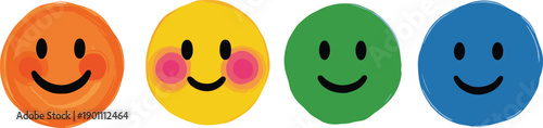 Row of four colorful hand drawn painted smiley faces vector illustration featuring happy emoticons for feedback rating and positivity concept on white background.
