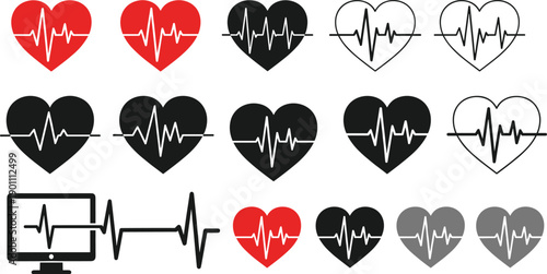 Set of medical heart rate pulse icons with red and black heartbeat symbols on monitor screen for healthcare cardiology and diagnostic health concepts