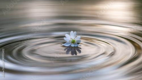 Εκτύπωση καμβά Single white flower floating on water with circular ripples, minimal zen composition, calm nature background with reflection and soft motion blur