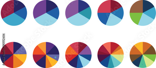 Colorful pie chart collection with segmented circular infographics, flat data visualization elements, business analytics charts for presentation, dashboard and report design isolated on white backgrou