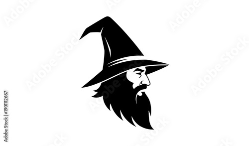 Abstract Senior Wizard Logo Vector Template with Staff in Fantasy Style