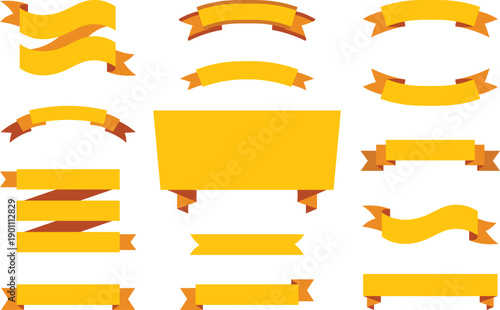 Ribbon banner set isolated on a white background. Orange color. Simple modern cute design. Labels, bookmarks and tags. Flat style vector illustration. Big collection.