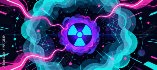 A vector composition with explosion effects in the form of a radiation icon accompanied by plasma rays.