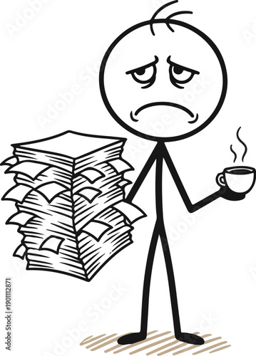 Exhausted stickman employee holding coffee cup and messy paperwork, funny hand drawn stick figure illustration isolated on white background. (Generative AI)
