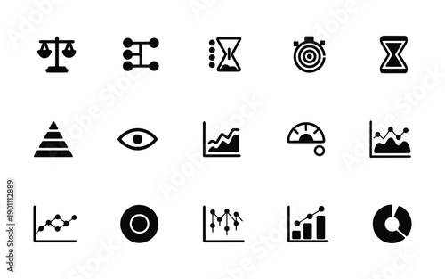 Black silhouette icon set showing analytics charts balance symbols time tracking and performance indicators for business dashboard and data analysis design