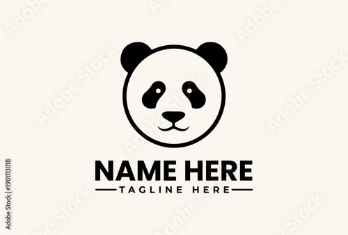 A simple black and white illustration of a panda logo with a customizable name and tagline on a clean background.