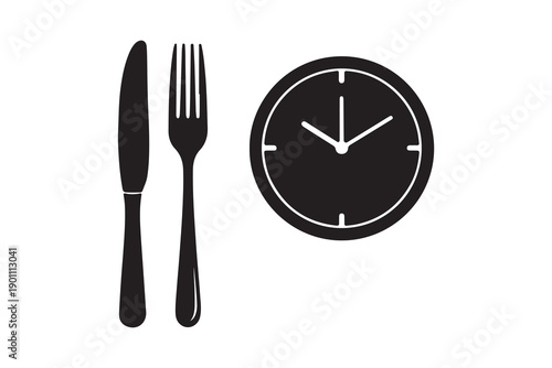 Knife and Fork Silhouette Icon with Clock Symbol (Dining Time)